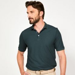 Koszulka polo do golfa z krótkim rękawem męska Inesis WW500. Zielone koszulki polo sportowe INESIS, l, bez wzorów, z materiału, bez kołnierzyka, bez ramiączek, na golfa. Za 79.99 zł.