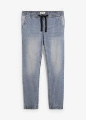 Joggery jeansowe o kroju regular fit z gumką w talii, tapered. Niebieskie jeansy bonprix, m. Za 149.99 zł.