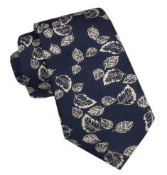 Elegancki Męski Krawat - Alties - Granatowy w Jasnopopielate Listki. Niebieskie krawaty i muchy Alties, bez wzorów, z tkaniny. Za 49.00 zł.