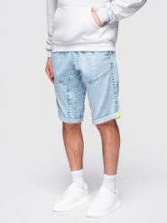 Krótkie jeansowe spodenki męskie z ozdobnymi przeszyciami - jasnoniebieskie V2. Niebieskie szorty Ombre Clothing, m, bez wzorów, z bawełny, wakacyjne. W wyprzedaży za 69.99 zł.