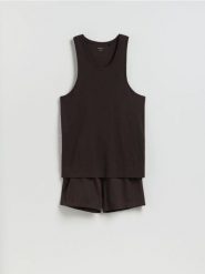 Dwuczęściowa piżama z bawełny - ciemnobrązowy. Brązowe piżamy Reserved, l, bez wzorów, z bawełny, bez ramiączek. Za 89.99 zł.