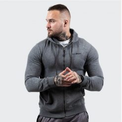 Bluza męska fitness z zamkiem szara Zipper Hoodie. Szare bluzy z kapturem GYMBEAM, m, bez wzorów, z bawełny, z kapturem. Za 109.90 zł.