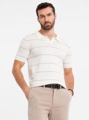 Koszulka polo męska w poziome paski z wiskozą – biało-beżowa V4 OM-POSS-0145 - XXL. Białe koszulki polo sportowe Ombre Clothing, l, bez wzorów, z dzianiny, bez kołnierzyka, bez ramiączek. Za 119.99 zł.