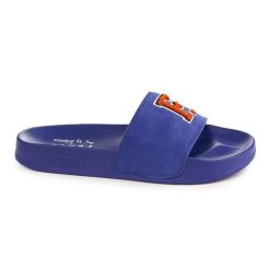 Klapki Fenty x Puma z niebieskiej skóry, styl casual beach, flatform. Niebieskie klapki Puma, z materiału. Za 288.99 zł.