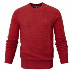 Bawełniany Sweter, Okrągły Dekolt (U-Neck) - Czerwony w Marmurkowy Wzór, Męski. Czerwone swetry rozpinane Pako Jeans, l, bez wzorów, z bawełny, bez kołnierzyka, bez ramiączek. Za 179.00 zł.