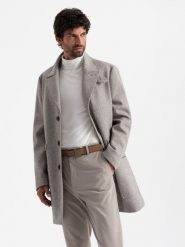 Jednorzędowy wzorzysty męski płaszcz z kieszeniami – popielaty V1 OM-COWC-0108 - XXL. Szare płaszcze Ombre Clothing, l, bez wzorów, z materiału, klasyczne, bez kaptura. Za 317.99 zł.