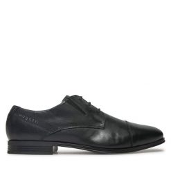 Półbuty Bugatti. Czarne eleganckie półbuty Bugatti, bez wzorów, bez obcasa, bez zapięcia. Za 219.99 zł.