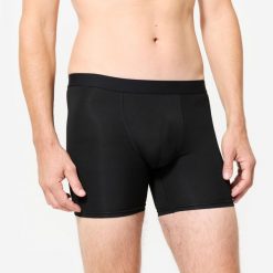 Bokserki sportowe męskie Decathlon. Czarne bokserki KALENJI, m, bez wzorów, z elastanu. Za 24.99 zł.