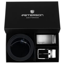 Zestaw prezentowy: dwustronny pasek skórzany w granatowym i czarnym kolorze Peterson PTN KL-B005S001 N. Czarne paski Peterson, bez wzorów, ze skóry, eleganckie. Za 139.99 zł.