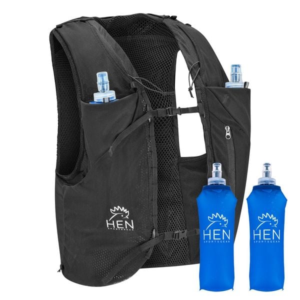 Plecak szlakowy - kurtka maratońska - czarny - z 2 bidonami 500 ml. Czarne kurtki HEN SPORTSGEAR, m, bez wzorów, bez kaptura. Za 219.00 zł.