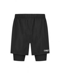 Męskie sportowe spodenki kompresyjne 2w1 CORE Run do biegania CEP. Czarne krótkie spodenki sportowe CEP, l, bez wzorów, z elastanu, do biegania. Za 379.00 zł.