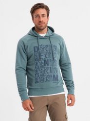 Bluza męska kangurka nierozpinana z kapturem i nadrukiem - turkusowa V2 OM-SSPS-0158 - XXL. Niebieskie bluzy Ombre Clothing, l, bez wzorów, z bawełny, z kapturem. W wyprzedaży za 49.99 zł.