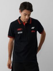 4F Koszulka polo regular męska - czarna L. Czarne koszulki polo 4F, l, bez wzorów, z dzianiny, bez kołnierzyka, bez ramiączek. Za 99.99 zł.