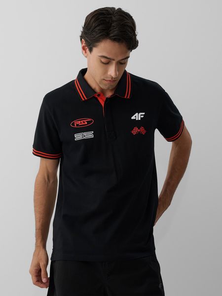 4F Koszulka polo regular męska - czarna L. Czarne koszulki polo 4F, l, bez wzorów, z dzianiny, bez kołnierzyka, bez ramiączek. Za 99.99 zł.