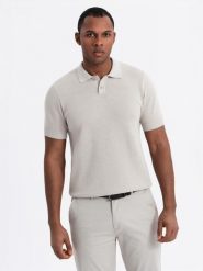 Męska bawełniana koszulka polo ze strukturalnej dzianiny – beżowa V6 OM-POSS-0117 - XXL. Brązowe koszulki polo sportowe Ombre Clothing, l, bez wzorów, z bawełny, bez kołnierzyka, bez ramiączek. W wyprzedaży za 129.99 zł.