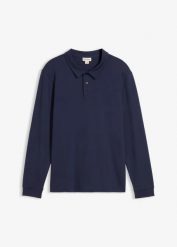Bluza z długim rękawem i kołnierzykiem polo z czystej bawełny organicznej. Niebieskie bluzy bonprix, m, bez wzorów, z bawełny, bez kaptura. Za 99.99 zł.