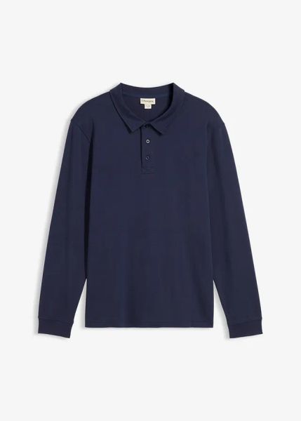 Bluza z długim rękawem i kołnierzykiem polo z czystej bawełny organicznej. Niebieskie bluzy bonprix, m, bez wzorów, z bawełny, bez kaptura. Za 99.99 zł.