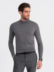 Męski półgolf dzianinowy z wiskozą - szary melanż V3 OM-SWTN-0100 - XXL. Szare golfy Ombre Clothing, l, bez wzorów, z dzianiny, bez ramiączek. W wyprzedaży za 79.99 zł.