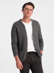 Dzianinowy męski kardigan z kieszeniami i ozdobnymi guzikami – grafitowy melanż V2 OM-SWCD-0109 - XXL. Szare swetry rozpinane Ombre Clothing, l, z aplikacjami, z bawełny, bez kołnierzyka, bez ramiączek. W wyprzedaży za 69.99 zł.