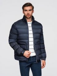 Męska pikowana kurtka z połyskiem i stójką – ciemnoniebieska V2 - Rozmiar: XL. Niebieskie kurtki Ombre Clothing, m, bez wzorów, z materiału, bez kaptura. Za 399.99 zł.