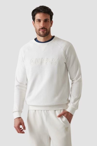 GUESS Biała męska bluza New Aldwin, Rozmiar XXL. Białe bluzy Guess, m, z aplikacjami, bez kaptura. W wyprzedaży za 131.99 zł.