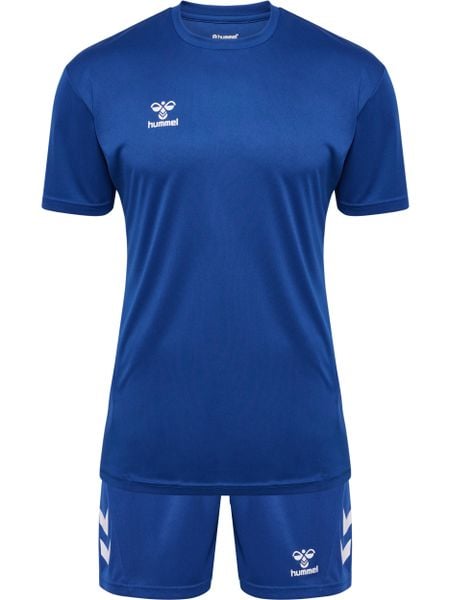 Zestaw koszulka + szorty Hummel Logo. Niebieskie krótkie spodenki sportowe Hummel, l, bez wzorów, z bawełny. Za 153.00 zł.