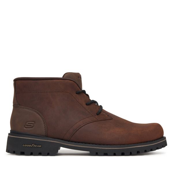 Trzewiki Skechers. Brązowe botki sznurowane Skechers, bez wzorów, bez obcasa, bez zapięcia. Za 499.99 zł.