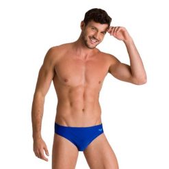 Kąpielówki męskie slipy kąpielowe treningowe na basen Arena Santamarias. Niebieskie odzież kąpielowa Arena, m, bez wzorów, sportowe. Za 109.99 zł.