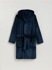 Szlafrok z kapturem - granatowy. Niebieskie szlafroki Reserved, l, bez wzorów, z dzianiny, bez ramiączek, z kapturem. Za 159.99 zł.