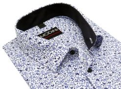 Biała elastyczna koszula męska Modini w niebieskie kwiaty DD10. Białe koszule Modini Moda Męska, m, bez wzorów, z bawełny, bez kołnierzyka, bez ramiączek. W wyprzedaży za 166.50 zł.