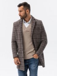 Jednorzędowy płaszcz męski w kratę - brązowy V1. Brązowe płaszcze Ombre Clothing, m, bez wzorów, z poliesteru, bez kaptura. W wyprzedaży za 199.99 zł.