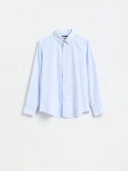Koszula slim z drobnym printem - jasnoniebieski. Niebieskie koszule Reserved, l, bez wzorów, z tkaniny, bez kołnierzyka, bez ramiączek. Za 129.99 zł.