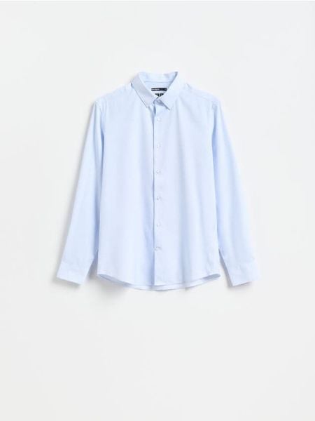 Koszula slim z drobnym printem - jasnoniebieski. Niebieskie koszule Reserved, l, bez wzorów, z tkaniny, bez kołnierzyka, bez ramiączek. Za 129.99 zł.