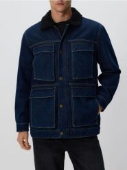 Kurtka sherpa z kołnierzem - granatowy. Niebieskie kurtki Reserved, l, bez wzorów, z denimu, bez kaptura. Za 279.99 zł.