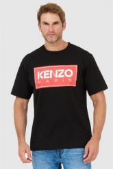 KENZO Czarny t-shirt męski z czerwonym nadrukiem. Czarne t-shirty KENZO, l, bez wzorów, bez kołnierzyka, bez ramiączek. W wyprzedaży za 339.99 zł.