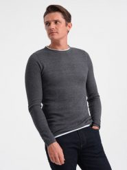 Bawełniany sweter męski z okrągłym dekoltem - grafitowy melanż V2 OM-SWSW-0103 - XXL. Szare swetry nierozpinane Ombre Clothing, l, bez wzorów, z bawełny, bez kołnierzyka, bez ramiączek. W wyprzedaży za 69.99 zł.