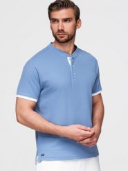 Koszulka męska polo bez kołnierzyka - niebieska V3 - Rozmiar: S. Niebieskie koszulki polo sportowe Ombre Clothing, l, bez wzorów, z bawełny, bez kołnierzyka, bez ramiączek. Za 139.99 zł.