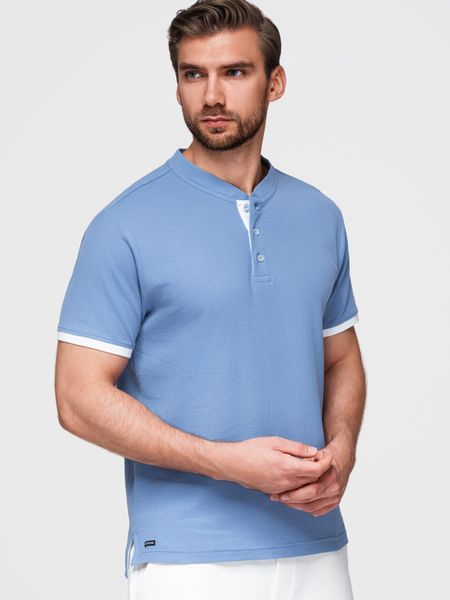 Koszulka męska polo bez kołnierzyka - niebieska V3 - Rozmiar: S. Niebieskie koszulki polo sportowe Ombre Clothing, l, bez wzorów, z bawełny, bez kołnierzyka, bez ramiączek. Za 139.99 zł.