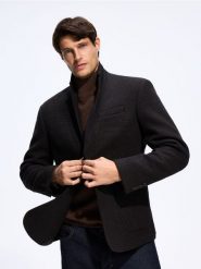 Marynarka slim fit z dodatkiem wełny - ciemnobrązowy. Brązowe garnitury Reserved, l, bez wzorów, z tkaniny. Za 399.99 zł.