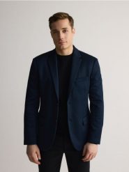 Marynarka slim fit - granatowy. Niebieskie garnitury Reserved, l, bez wzorów, z dzianiny. Za 249.99 zł.