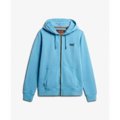 Rozpinany, wyblakły hoodie z logo Superdry Essential. Niebieskie bluzy Superdry, m, bez wzorów, z kapturem. Za 376.20 zł.