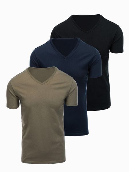 Zestaw męskich bawełnianych t-shirtów V-neck BASIC – czarny/granatowy/ciemnooliwkowy V7 - Rozmiar: L. Niebieskie t-shirty Ombre Clothing, l, bez wzorów, z bawełny, bez kołnierzyka, bez ramiączek. Za 169.99 zł.
