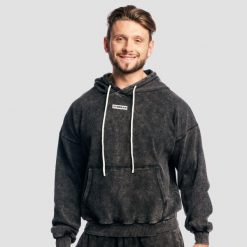 Bluza męska z kapturem oversize z efektem sprania czarna Aura. Czarne bluzy z kapturem GYMBEAM, m, bez wzorów, z bawełny, z kapturem. Za 139.90 zł.