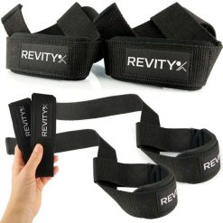 Paski do treningu siłowego Revity do martwego ciągu i ćwiczeń ze sztangą. Czarne paski REVITY, bez wzorów, sportowe. Za 49.99 zł.