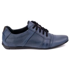 Męskie półbuty skórzane sznurowane POLBUT C34P perforowane casual granatowe niebieskie. Niebieskie eleganckie półbuty bez wzorów, z jeansu, bez obcasa, bez zapięcia. Za 377.80 zł.