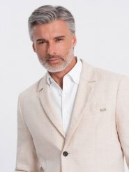 Męska marynarka o kroju REGULAR z lnem - kremowa V1 OM-BLZB-0128 - XXL. Białe garnitury Ombre Clothing, do pracy, l, bez wzorów, z materiału, biznesowe. W wyprzedaży za 249.99 zł.