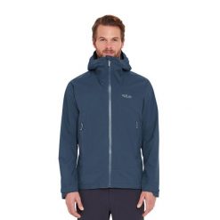 Kurtka przeciwdeszczowa męska Rab Downpour Light Jacket z kapturem. Niebieskie kurtki RAB, m, bez wzorów, z kapturem. Za 659.99 zł.