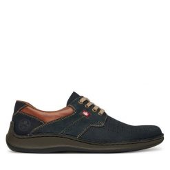 Półbuty Rieker. Niebieskie eleganckie półbuty Rieker, bez wzorów, bez obcasa, bez zapięcia. Za 294.99 zł.