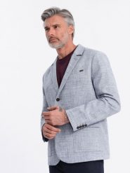 Marynarka męska o kroju REGULAR z lnem - jasnoniebieska V3 - Rozmiar: L. Niebieskie garnitury Ombre Clothing, do pracy, l, bez wzorów, z materiału, biznesowe. W wyprzedaży za 249.99 zł.