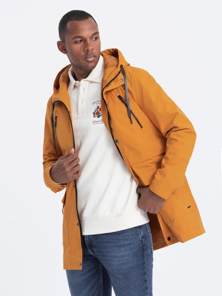 Kurtka męska parka z kieszeniami cargo - musztardowa V3 - Rozmiar: XL. Czarne kurtki Ombre Clothing, m, bez wzorów, bez kaptura. W wyprzedaży za 109.99 zł.